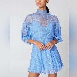Free People Boardwalk Blue Lace Mock Neck Bittersweet Mini Lace‎ Dress Size 6